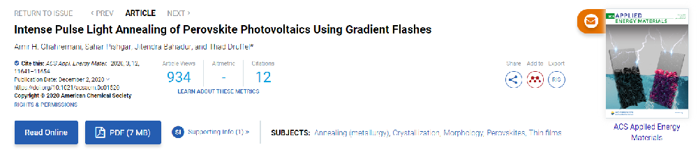 《Applied Energy Materials》：利用光子燒結(jié)系統(tǒng)對鈣鈦礦光伏材料進(jìn)行強(qiáng)脈沖光退火