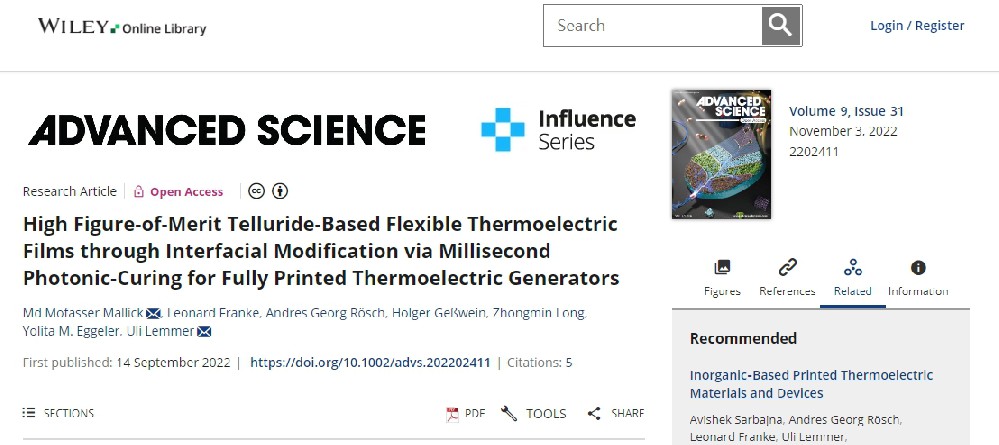 《Advanced Science》：通過毫秒光子燒結界面改性制備高品質因數(shù)碲化物基柔性熱電薄膜，用于全印刷熱電發(fā)電機（IF=15.17）